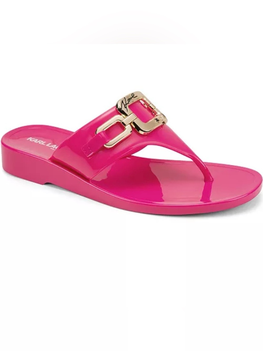 Karl Lagerfeld Patent Fuchsia Thong Sandal with Gold-Tone Buckle